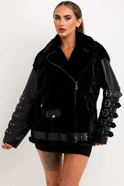 Faux Fur Faux Leather Aviator Jacket With Strap Sleeve Detail Black