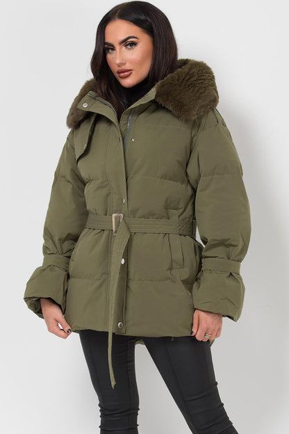 Khaki Puffer Padded Coat With Faux Fur Hood