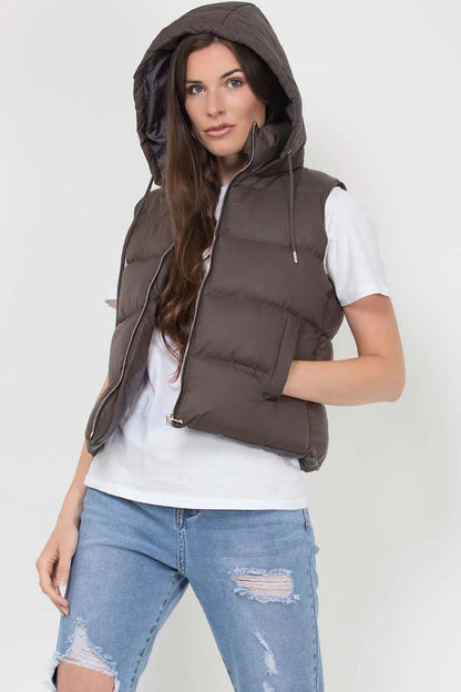 Hooded Puffer Gilet Sleeveless Jacket Chocolate Brown