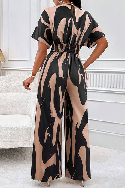 Abstract Print V Neck Short Sleeve High Waist Wide Leg Jumpsuit-Black