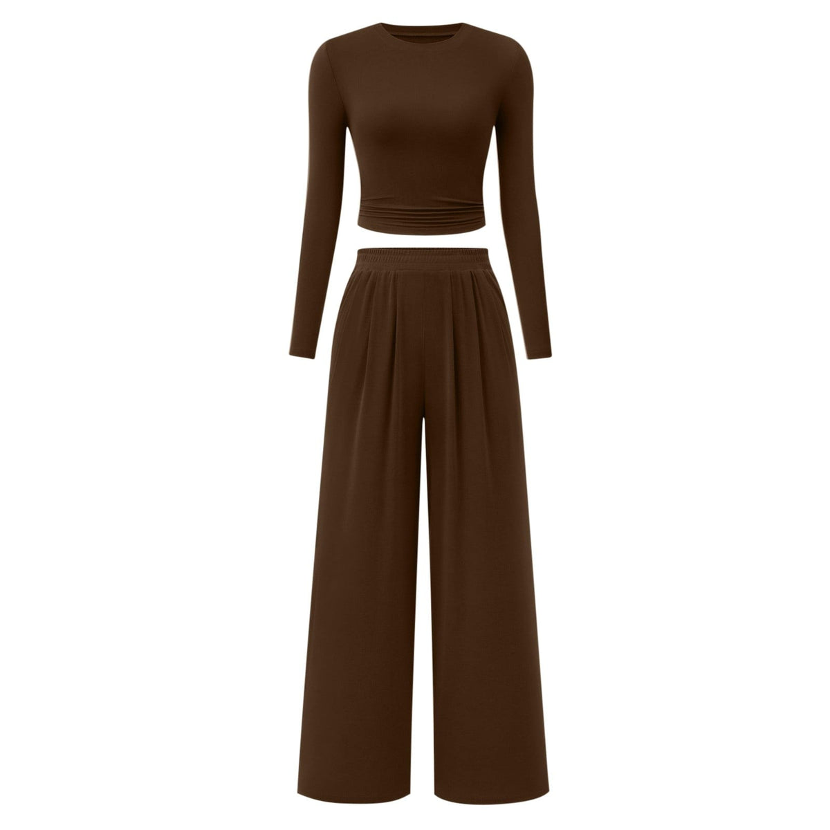 2-Piece Lounge Set – Ribbed Knit Long Sleeve Crop Top & Wide Leg Pants