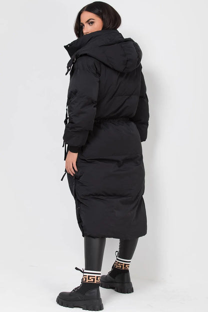 Long Puffer Padded Coat With Utility Pockets Black