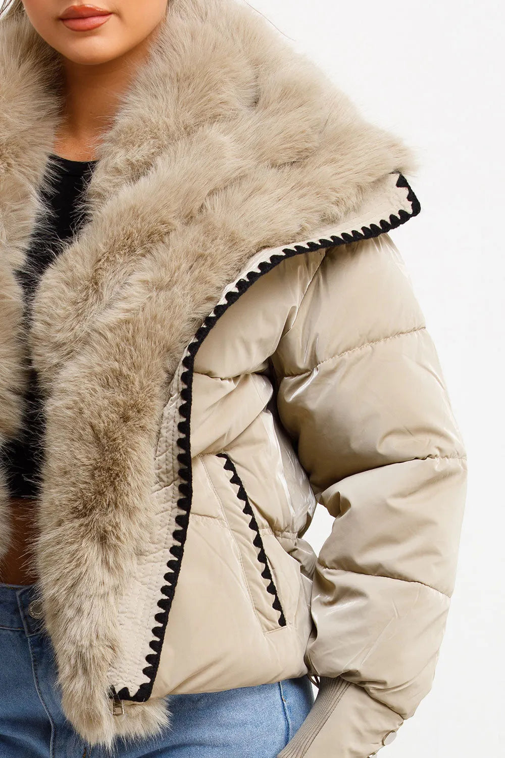Faux Fur Collar And Trim Puffer Coat With Contrast Stitching Detail Beige