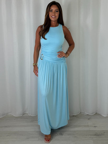 Round Neck Ruched Gold Buckle Side Split Maxi Dress (6 Colours)