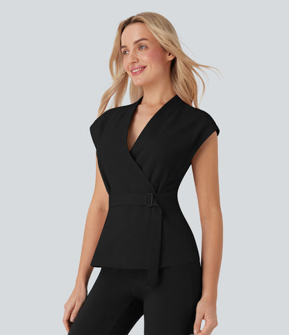 V Neck Sleeveless Wrapped Belted Work Jacket