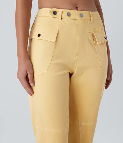 Mid Rise Straight Leg Cargo Casual Cotton Pants with Pockets