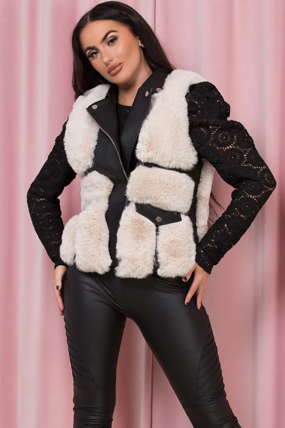 Faux Fur Faux Leather Gilet With Pocket Detail Beige