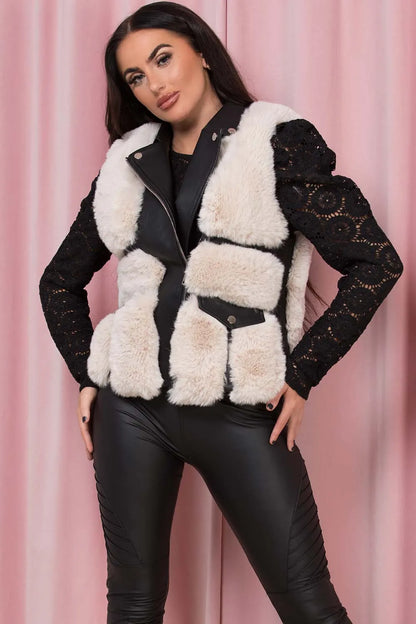 Faux Fur Faux Leather Gilet With Pocket Detail Beige