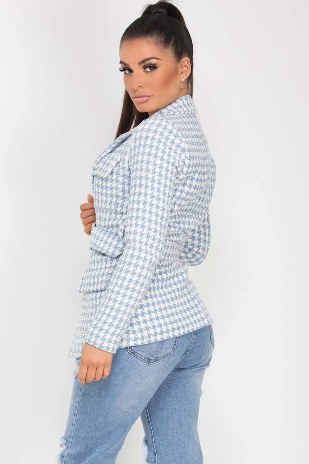 Tweed Blazer With Belt Sky Blue
