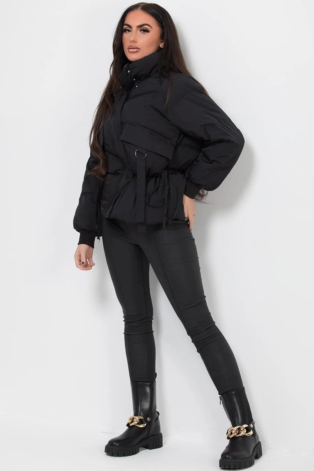 Black Puffer Jacket With Pocket Detail