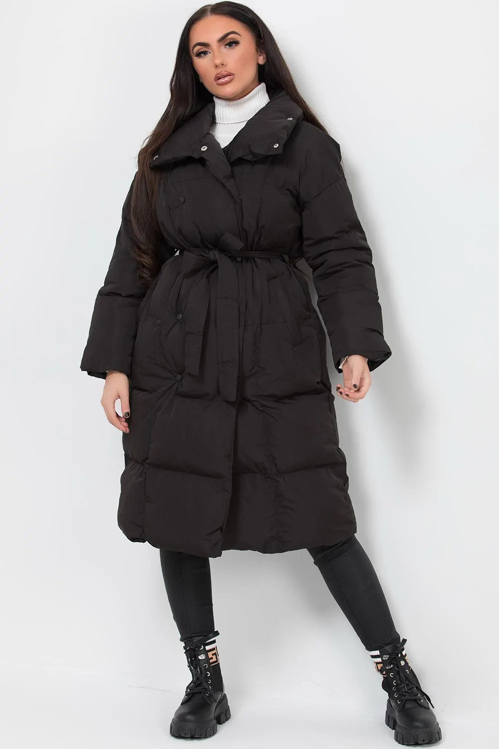 Long Duvet Puffer Coat With Waist Belt Black