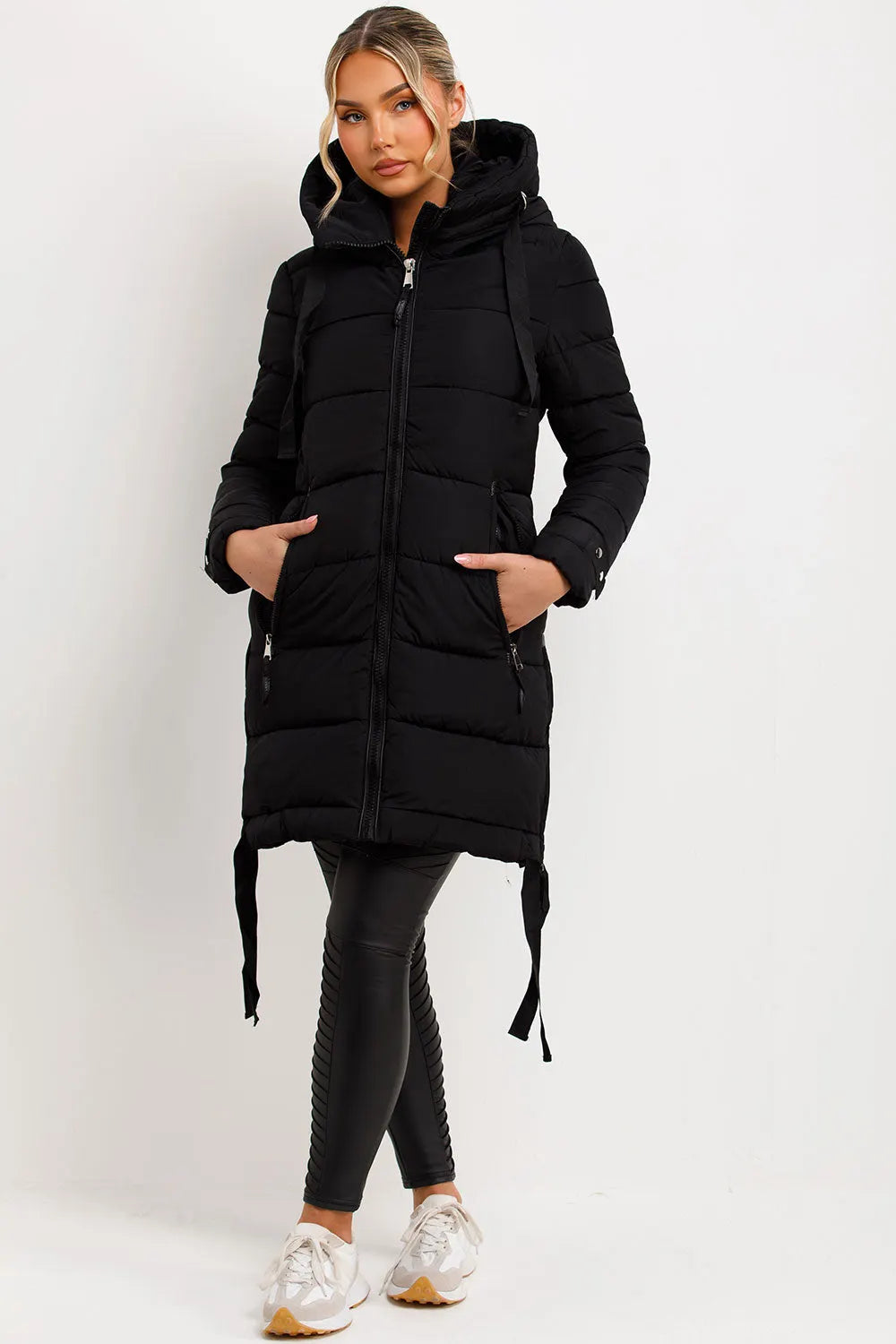 Long Puffer Coat With Hood And Side Straps Black