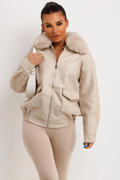 Faux Leather Jacket With Faux Fur Collar Beige