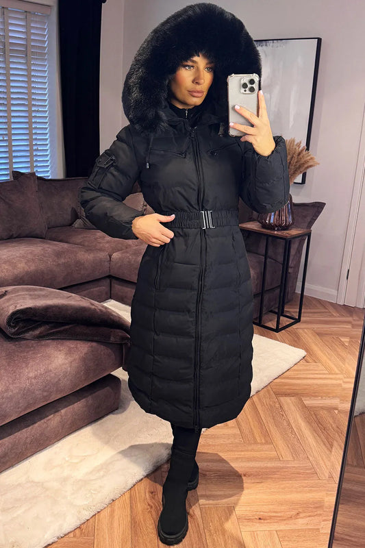 Longline Puffer Padded Coat With Fur Hood And Belt Black