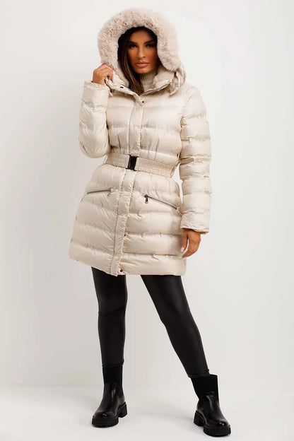 Puffer Padded Coat With Fur Hood And Belt Beige