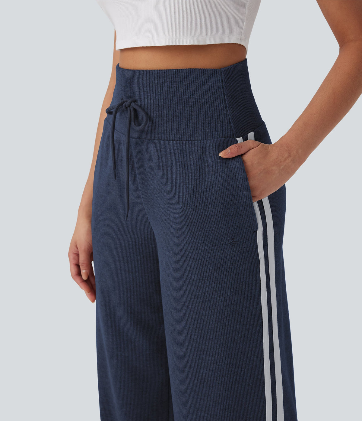 2026🔥 Ribbed SoCinched High Waisted Tummy Control Drawstring Wide Leg Color Block Casual Trousers with Pockets