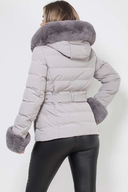 Puffer Jacket With Luxury Faux Fur Hood And Trim Grey