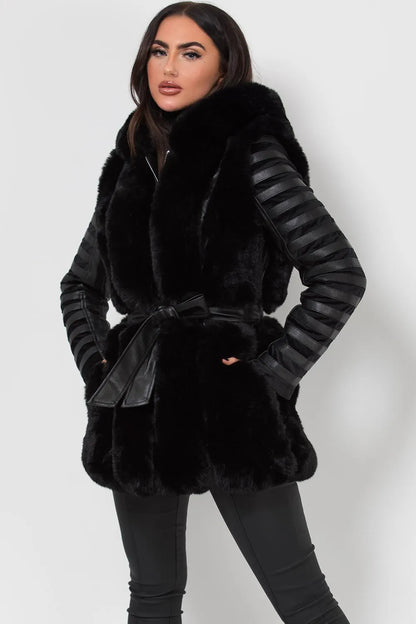 Faux Fur Faux Leather Hooded Panelled Sleeve Jacket Black