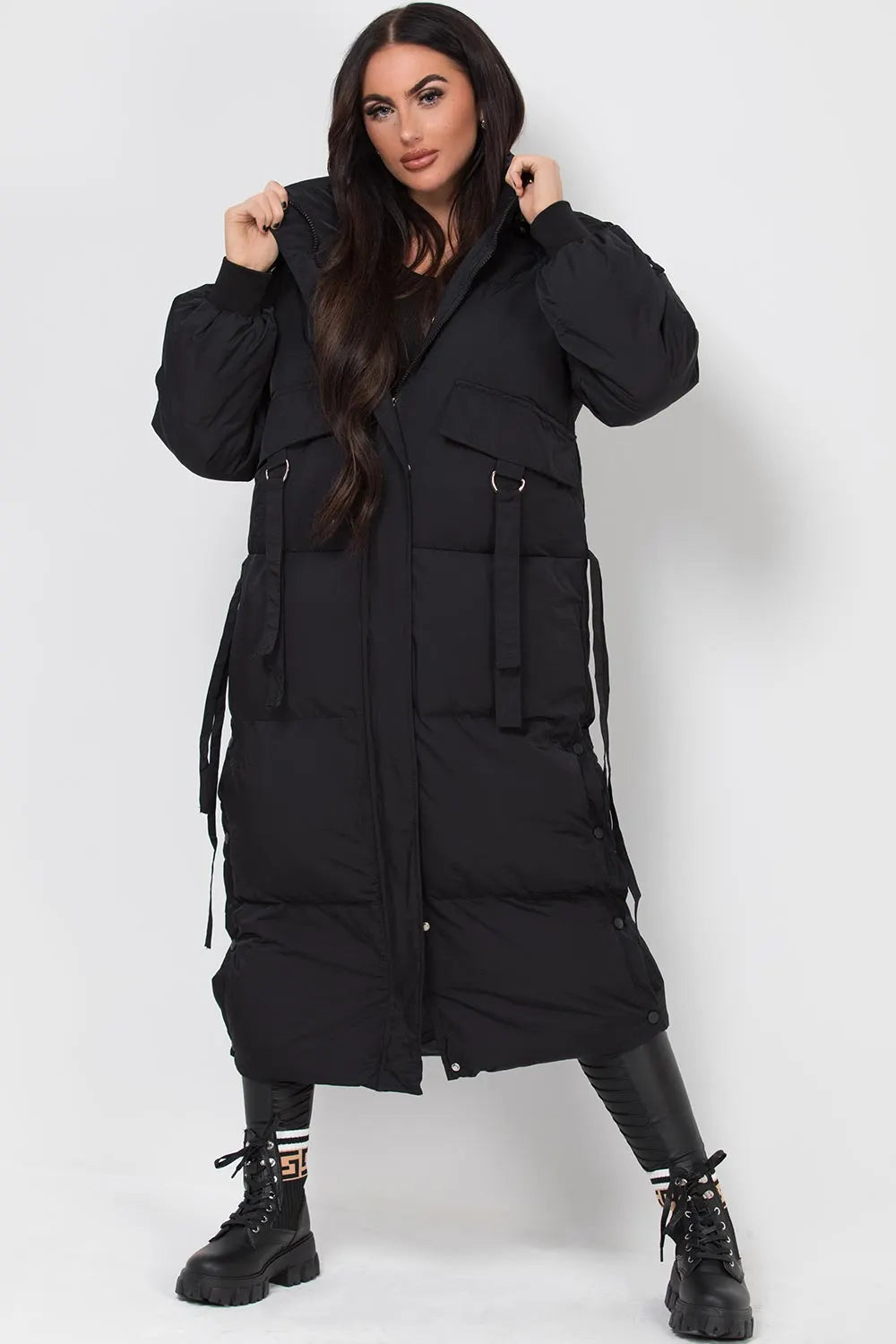 Long Puffer Padded Coat With Utility Pockets Black