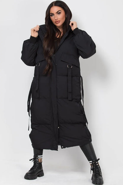 Long Puffer Padded Coat With Utility Pockets Black
