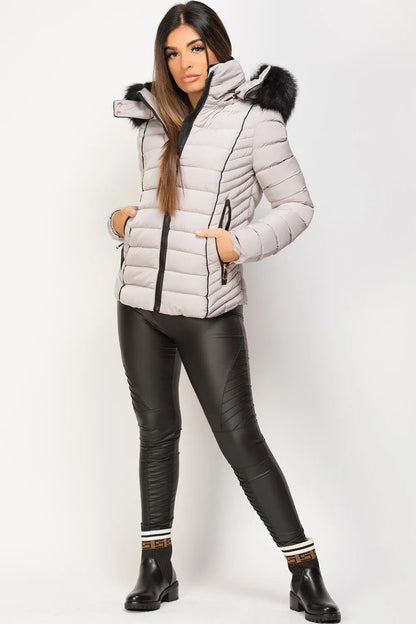 Grey Puffer Jacket With Faux fur Hood And Quilted Detail