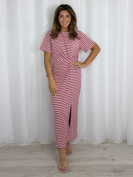 Pink Striped Knot T-Shirt Dress