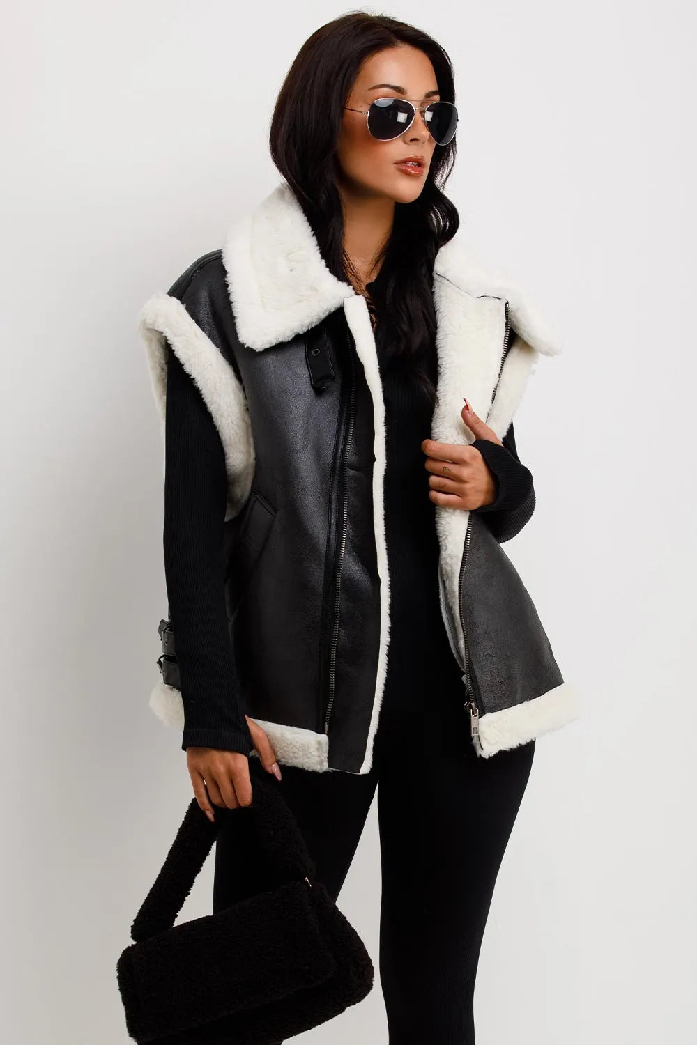 Faux Shearling Aviator Gilet In Faux Leather Black
