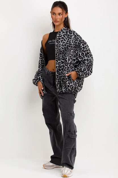 Leopard Print Bomber Jacket Grey