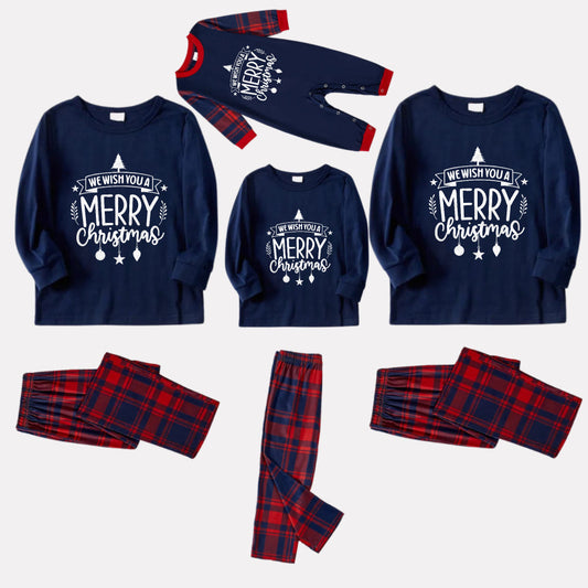 Christmas Family Matching Pajamas-Navy & Red Plaid Pjs Set with "We Wish You A Merry Christmas" Slogan Print