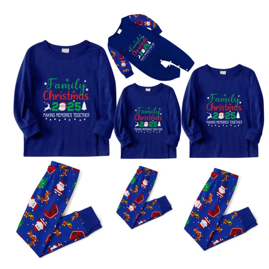 Christmas Family Matching Pajamas-Cozy Blue Pjs Set with "Family Christmas 2025"  and Santa Pattern Print