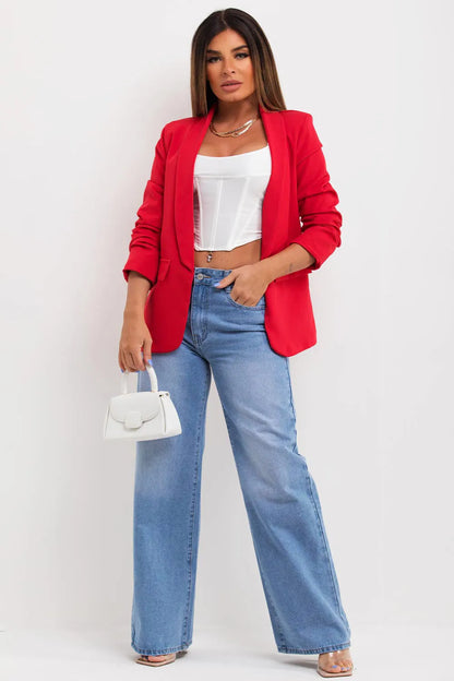 Red Ruched Sleeve Blazer