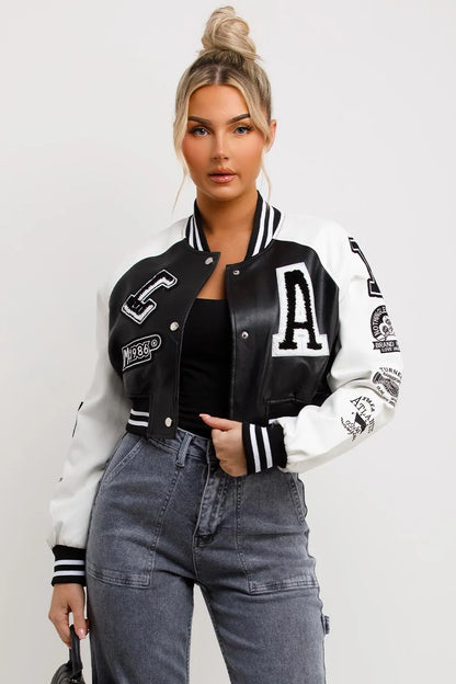 Varsity Bomber Faux Leather Jacket With Letter Detail Black White