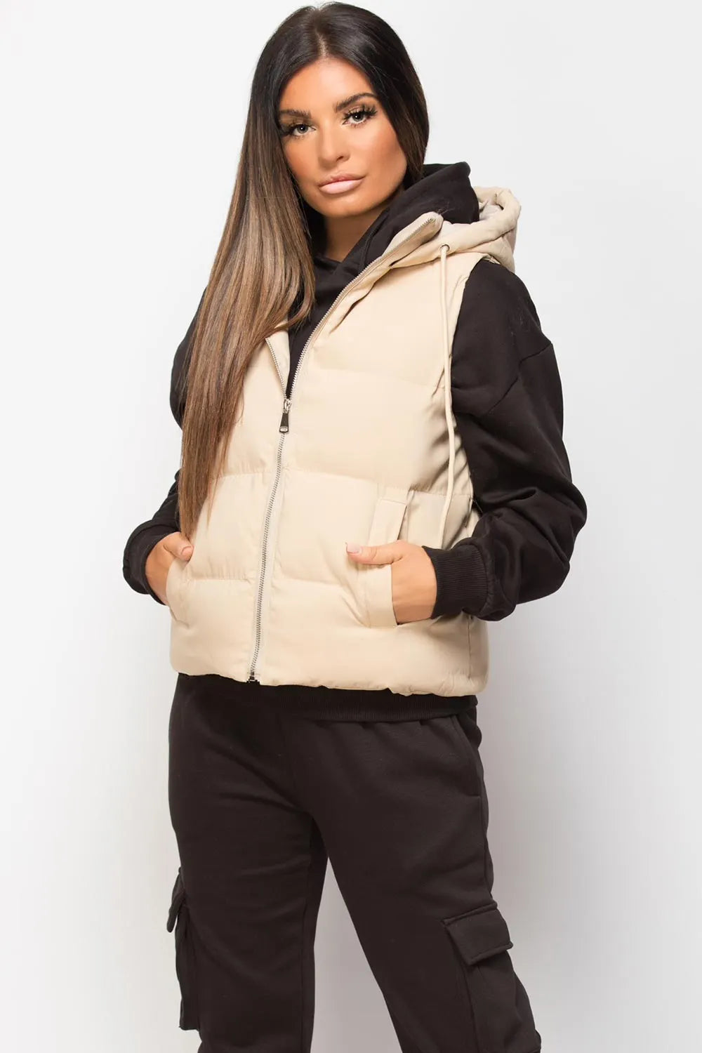 Padded Hooded Gilet Sleeveless Jacket Stone
