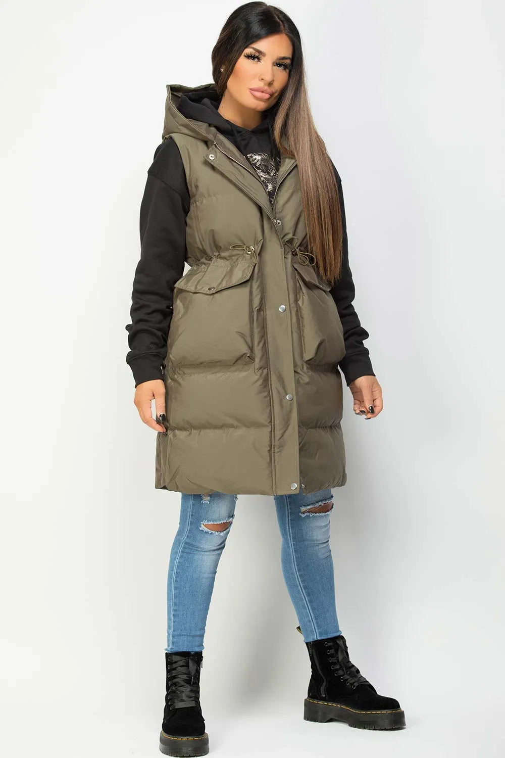 Khaki Padded Longline Gilet With Drawstring Waist