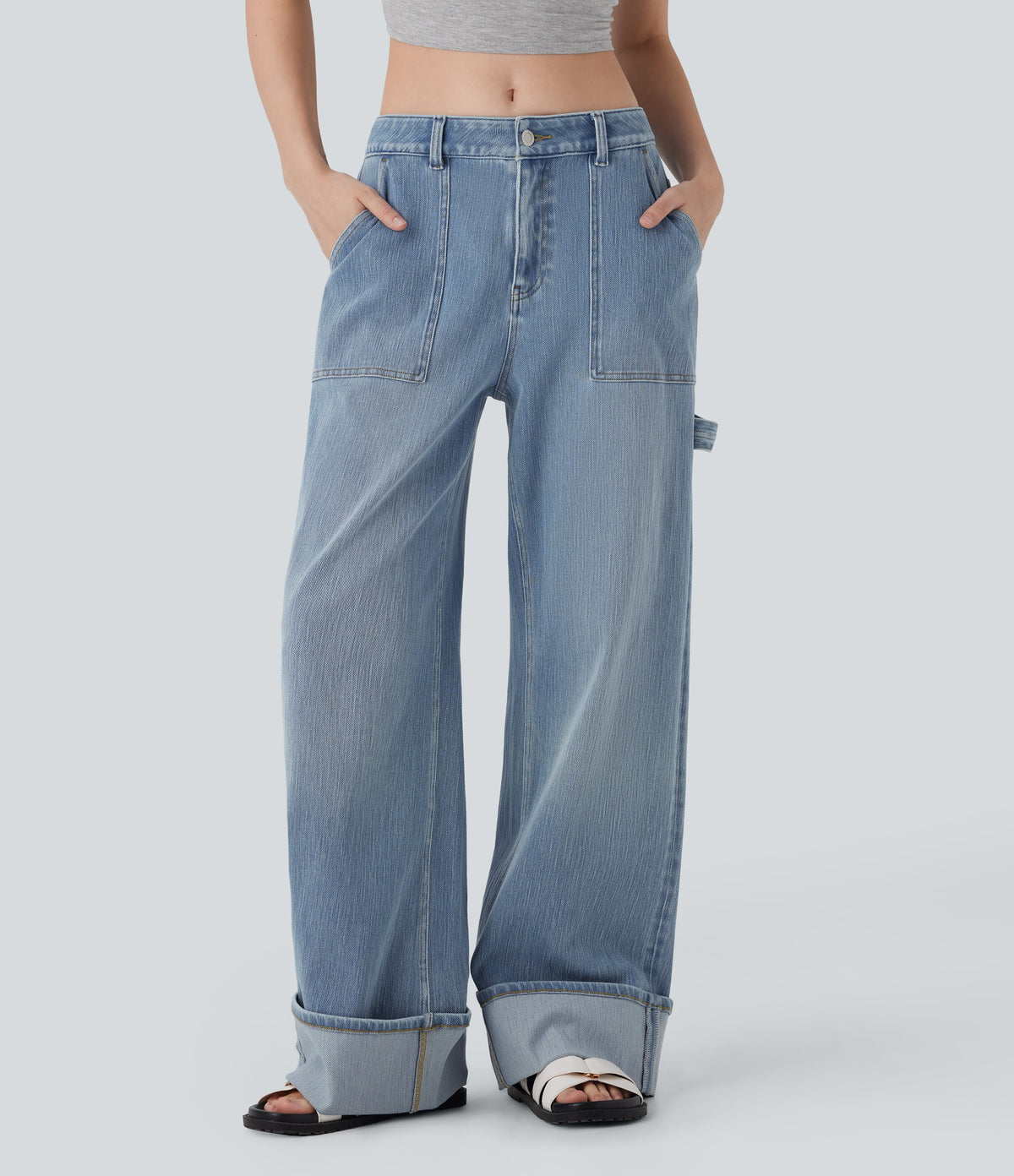 FlexTM Low Rise Rolled Hem Washed Casual Baggy Jeans with Pockets