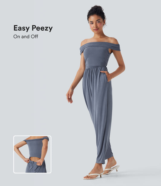 Off Shoulder Back Zipper Casual Jumpsuit with Pockets-Easy Peezy