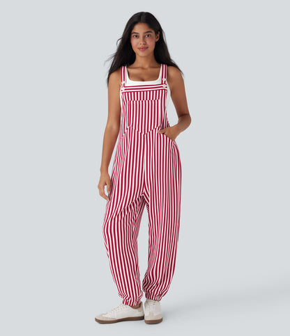 Stripe Waffle Jogger Overalls with Pockets