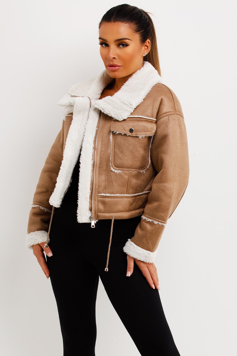 Faux Shearling Faux Leather Jacket Beige