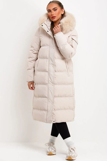 Long Puffer Coat With Fur Hood Beige