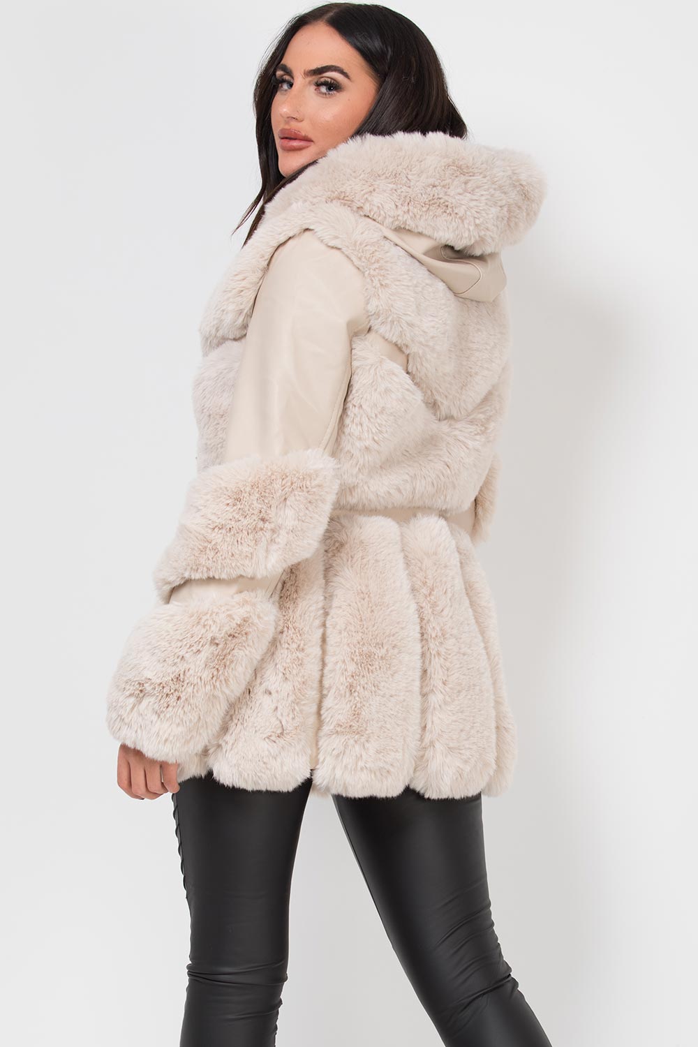 Faux Leather Faux Fur Panel Hooded Jacket With Belt Cream