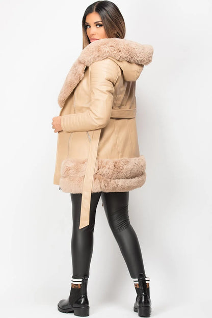 Faux Fur Faux Leather Hooded Belted Jacket Beige