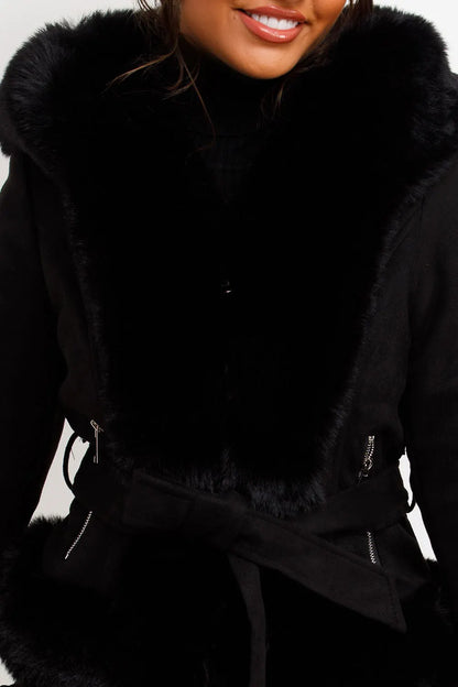 Faux Fur Faux Suede Jacket With Belt Black