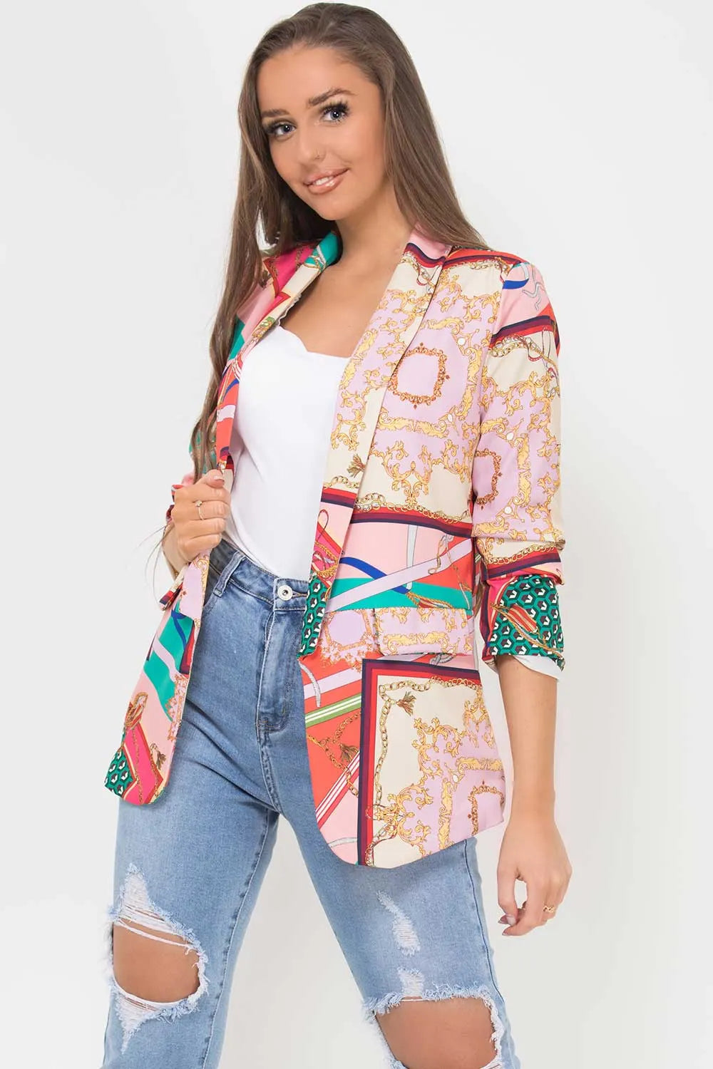 Scarf Print Ruched Sleeve Blazer Pink