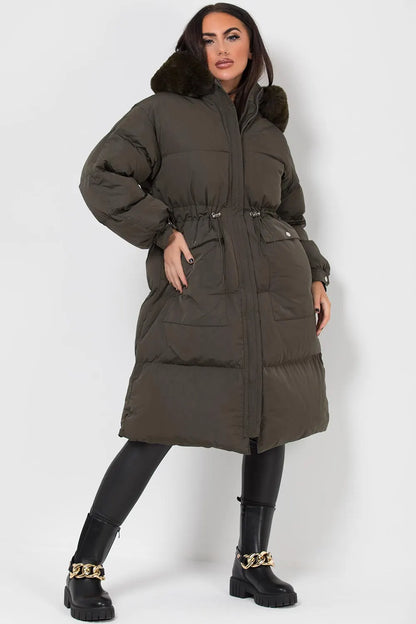 Long Puffer Coat With Faux Fur Hood And Drawstring Waist Khaki