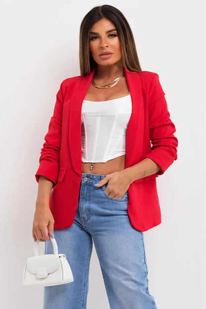 Red Ruched Sleeve Blazer