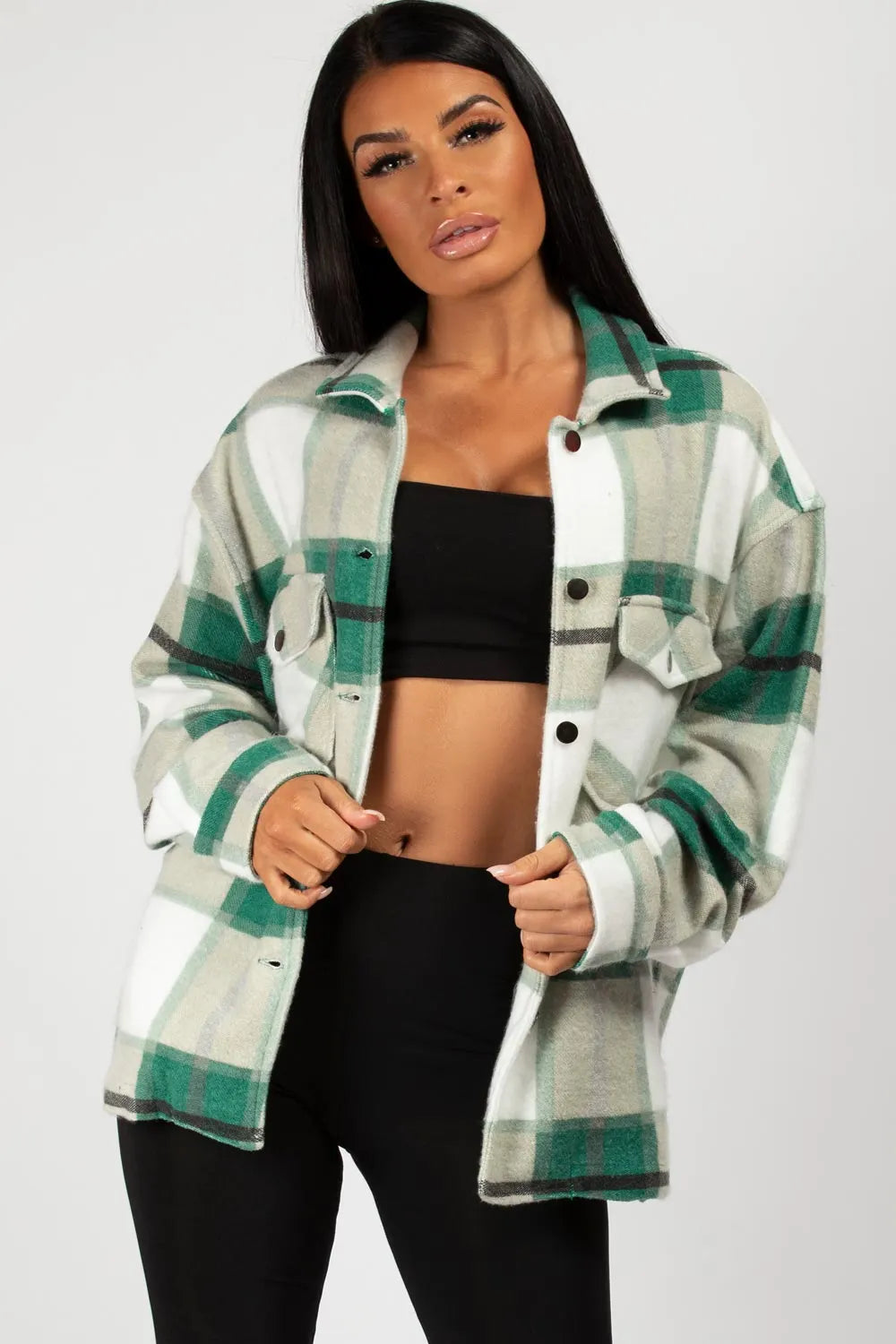 Green Check Oversized Shacket Shirt