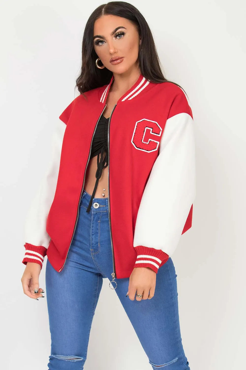 C Slogan Varsity Bomber Jacket Red