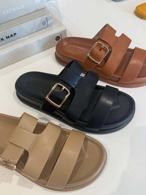 Triple Strap Gold Buckle Sandal (3 Colours)
