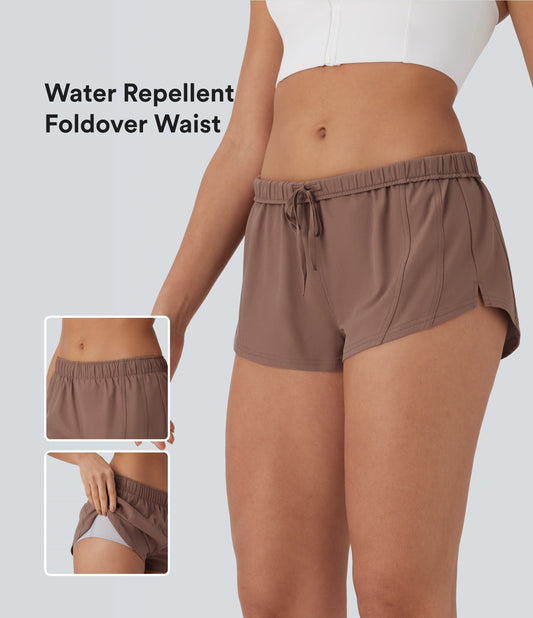 Water Repellent Foldover Low waist Drawstring 2-in-1 Twill Running Micro Shorts with Pocket