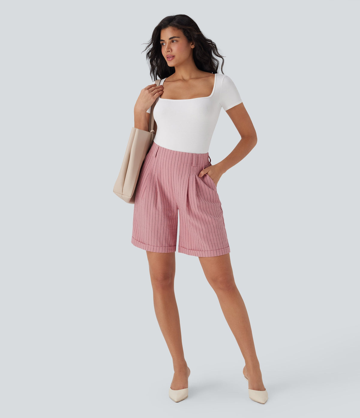 High Waisted Stripe Work Linen-Feel Bermuda Shorts with Pockets